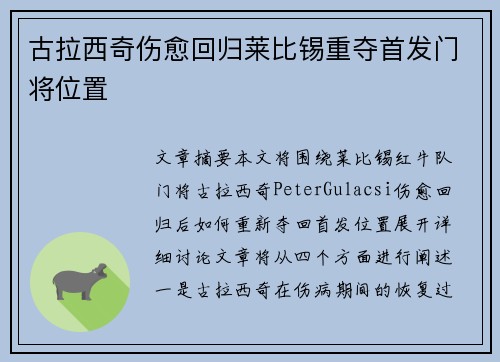 古拉西奇伤愈回归莱比锡重夺首发门将位置 古拉西奇伤愈回归莱比锡重夺首发门将位置